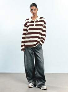 Maija Women's Brown & Beige Striped Casual Long Sleeve Button Front Loose Versatile Simple T-Shirt Top, Suitable For Vacation, Business Casual, City Commute, Cute Blouse - Coffee Brown - View 5