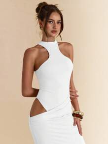 SHEIN BAE Đầm ngắn bodycon hở tay màu đào bất đối xứng, Đầm maxi thanh lịch cho kỳ nghỉ, bãi biển, khách dự tiệc cưới - trắng - Xem 7