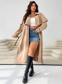 SHEIN EZwear 卡其米色长款斗篷风衣，适合大码女装，夏季、教师、职业女性、秋季、乡村、斯德哥尔摩风格、披风、商务、西部、乡村音乐会、办公室等场合穿着。 - 卡其色 - 查看 1