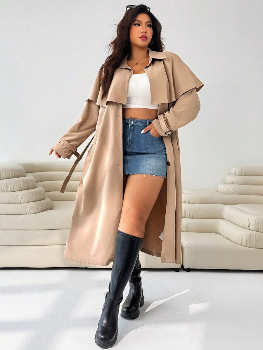 SHEIN EZwear 卡其米色长款斗篷风衣,适合大码女装,夏季、教师、职业女性、秋季、乡村、斯德哥尔摩风格、披风、商务、西部、乡村音乐会、办公室等场合穿着。 - 卡其色 - 查看 1
