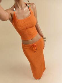 SHEIN BAE Bộ 2 món/Bộ áo crop top dây mảnh màu cam kết cấu trơn và váy dài cạp trễ cho nữ, trang phục nghỉ dưỡng cho mùa xuân/hè - trái cam - Xem 1