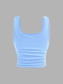 SHEIN 4pcs/Set Tween Girls' Slim Fitting Casual Comfy Stretchy Knitted Tank Tops, Versatile - Baby Blue - View 11