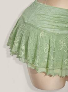 SHEIN ICON Falda midi acampanada de talla grande con cintura alta, en verde claro con parches de encaje, adecuada para el verano y las vacaciones - Verde - Ver 4