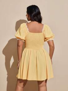 Viva Relle Plus Size Lace Trim Bow Decor Sexy Vacation Dress - Yellow - View 6
