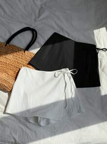 Comfortcana 多色女士侧系带拉链短裙，适合夏季 - 黑與白 - 查看 5