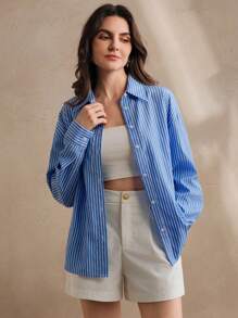 Anewsta Striped Drop Shoulder Long Sleeve Embroidered Giraffe Decor Casual Long Shirt - Blue - View 6