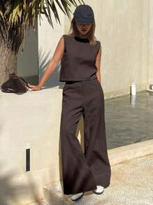 DAZY 2pcs/Set Women Casual Vacation Vest And Pants Set, Spring/Summer - Brown - View 3