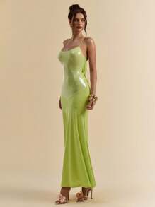 SHEIN BAE 夏季海滨度假女士露背绿色亮片网眼优雅鱼尾长裙 - 綠色 - 查看 6