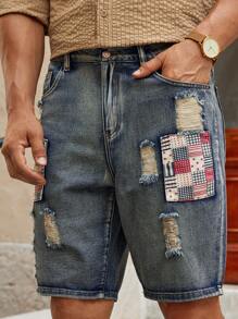 Manfinity VCAY Men's Casual Distressed Applique Decoration Denim Shorts, Fashionable - Blue - View 3