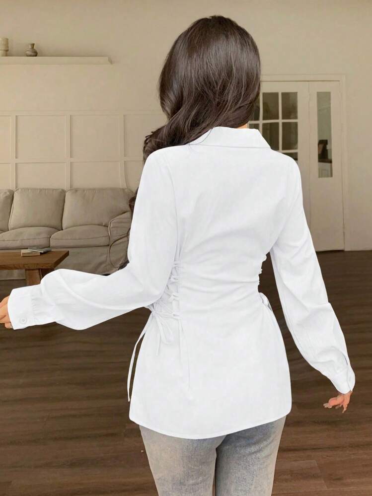 Modelyn Casual Solid Color Criss-Cross Tie Fashionable Blouse Fall Cloth For Women - White - View 2