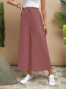 Travachic 女士纯色腰系带直筒宽松休闲裤 - 棕色 - 查看 6