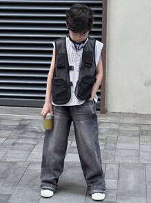 Dazy Kids 青少年男孩口袋直腿宽松休闲牛仔裤 - 灰色 - 查看 6