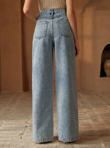 全新时尚百搭女式铆钉水钻牛仔裤 - 藍色 - 查看 2