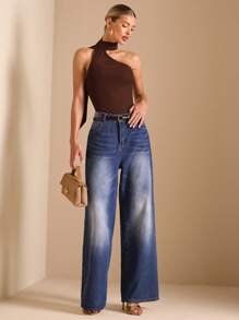 SHEIN BAE 纯黑色优雅斜领紧身褶皱网眼女式紧身衣、度假紧身衣、音乐节服装、极简紧身衣