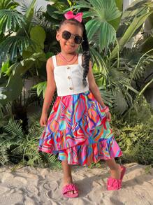 SHEIN Set de 2 piezas para niñas jóvenes compuesto por top de tirantes blanco con botones falsos y falda asimétrica con estampado floral, conjunto casual y de moda para niña preadolescente en verano para exteriores