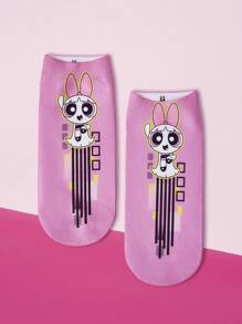 THE POWERPUFF GIRLS X SHEIN 1双时尚可爱的花朵图案粉色踝袜 - 彩色 - 查看 1