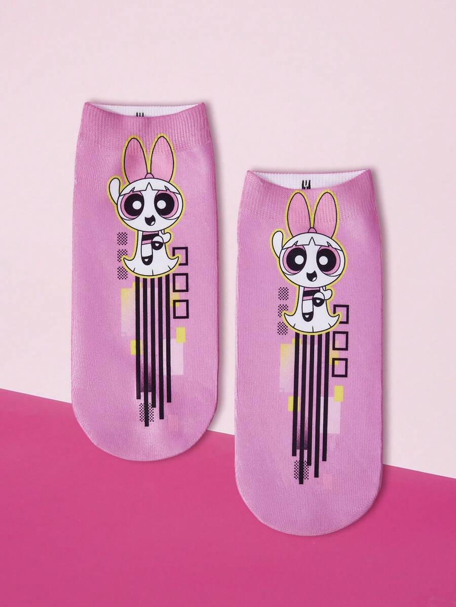 THE POWERPUFF GIRLS X SHEIN 1双时尚可爱的花朵图案粉色踝袜 - 彩色 - 查看 1