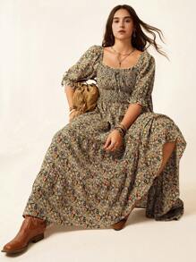 SHEIN LUNE Plus Size Women's Slouchy Casual Style Beach Vacation Outfit Fourth Of July Women Chic Retro Square Neck Romantic Cozy Fit Floral Multi-Layered Chillax Dress For The Holidays Bohemian Dress Teacher Outfits For Women Graduation Dresses For Women - Multicolor - View 5