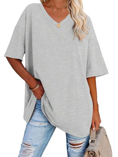 EMERY ROSE Plus Size Solid Half Sleeve T-Shirt, Casual V Neck T-Shirt For Summer, Women's Plus Size Clothing Graphic Tees Women Tops
