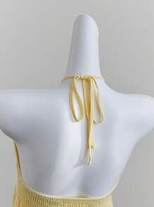 Elamini Women's Summer Casual Solid Color Ruched Criss-Cross Backless Halter Top