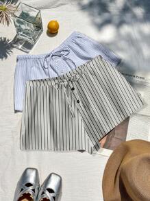 Comfortcana Bộ 2 quần short thắt nút đơn giản cho nữ, phù hợp cho mùa hè, họa tiết sọc - Nhiều màu - Xem 6