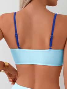 Swim Lushoire 2pcs/Set Women's Tricolor Splice Adjustable Strap Top With Gold Metal Bead Decor And Waist Brown Decor Belt Matching Regular Triangle Bikini Bottom Mature Swimsuit Set For Summer Beach Vacation - Blue - View 5