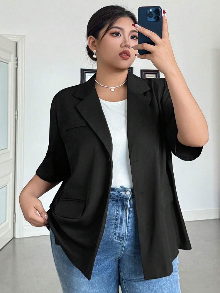 Dazy Plus Plus Size Solid Color Turndown Collar Loose Pocket Short Sleeve Black Jacket Suit Women Plus Clothing Formal Business Attire
