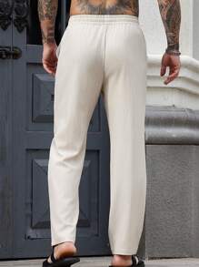 Manfinity Homme Men's Solid Color Drawstring Waist Pockets Casual Pants, Versatile - Apricot - View 2