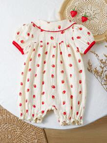 女婴草莓图案翻领短袖连体衣，夏季