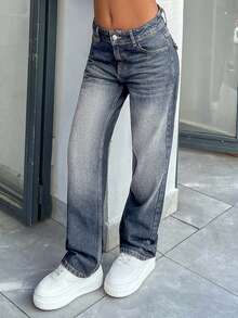 SHEIN PETITE Jeans da donna a vita bassa, taglio slim dritto, con dettagli di tasche, lavaggio vintage, stile Y2K, taglia petite