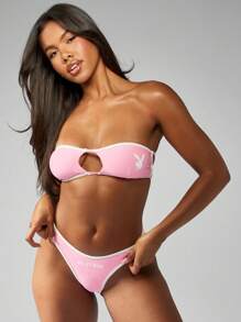Missguided x Playboy Bikini Set High Cut Adjustable String Strappy Back Brazilian Style Bandeau Top Summer Beach Swimming Pool Vacation Resort - Pink - View 6