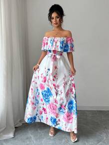 Elenzga Vestido de moda para vacaciones con hombros descubiertos, estampado floral y dobladillo con volantes para mujeres - Rosa - Ver 4
