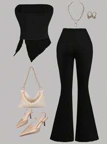 SHEIN Girlism 2pcs/Set Tween Girl Casual Cropped Ruched Asymmetrical Hem Tube Top And Flared Pants, Concert Outfit