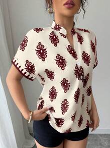 Áo cánh rộng tay ngắn cổ chữ V in họa tiết thanh lịch cho nữ mặc thường ngày/đi làm/ngày lễ (In ngẫu nhiên) - Màu Đỏ Sâu - Xem 5