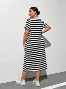 SHEIN Essnce Plus Size Women Spring/Summer Casual Loose Striped Split Hem Short Sleeve T-Shirt Dress