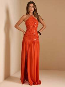 SHEIN BAE 夏季女装露背亮片刺绣拼接网眼宽松下摆性感高开衩女士长裙/海岛度假装/蜜月装女士//女士夏季装/女士沙滩装/女士派对礼服/女士橙色连衣裙派对礼服，波西米亚风服饰 - 橘色 - 查看 6