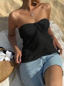 SHEIN EZwear Black Strapless Women's Vacation Blouse, Off-Shoulder Minimalist Style, Suitable For Summer,Tube Top - Black - View 5