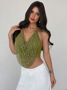Firerie 女士休闲性感亮片时尚沙滩度假露背垂褶领钩编纹理绿色吊带背心，适合音乐节、派对和度假。 - 綠色 - 查看 2