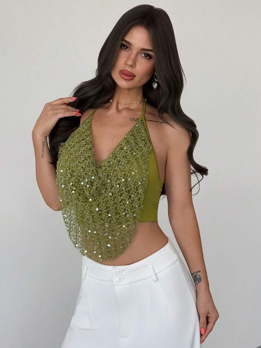 Firerie 女士休闲性感亮片时尚沙滩度假露背垂褶领钩编纹理绿色吊带背心，适合音乐节、派对和度假。