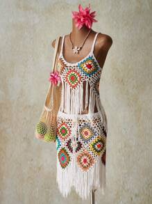 SHEIN ICON Set de 2 piese pentru femei, vară, vacanță, ieșiri la plajă, Hawaii, tropical, sexy, croșetat, colorat, tricotat, camisol, top și fustă, 2 piese - Multicolor - Vizualizare 5