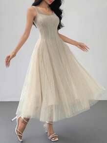 Elegantes Sommerkleid für Frauen mit rundem Ausschnitt, ärmelos, Midi-Länge, mit Pailletten-Dekor, Kleidung für den Schulanfang