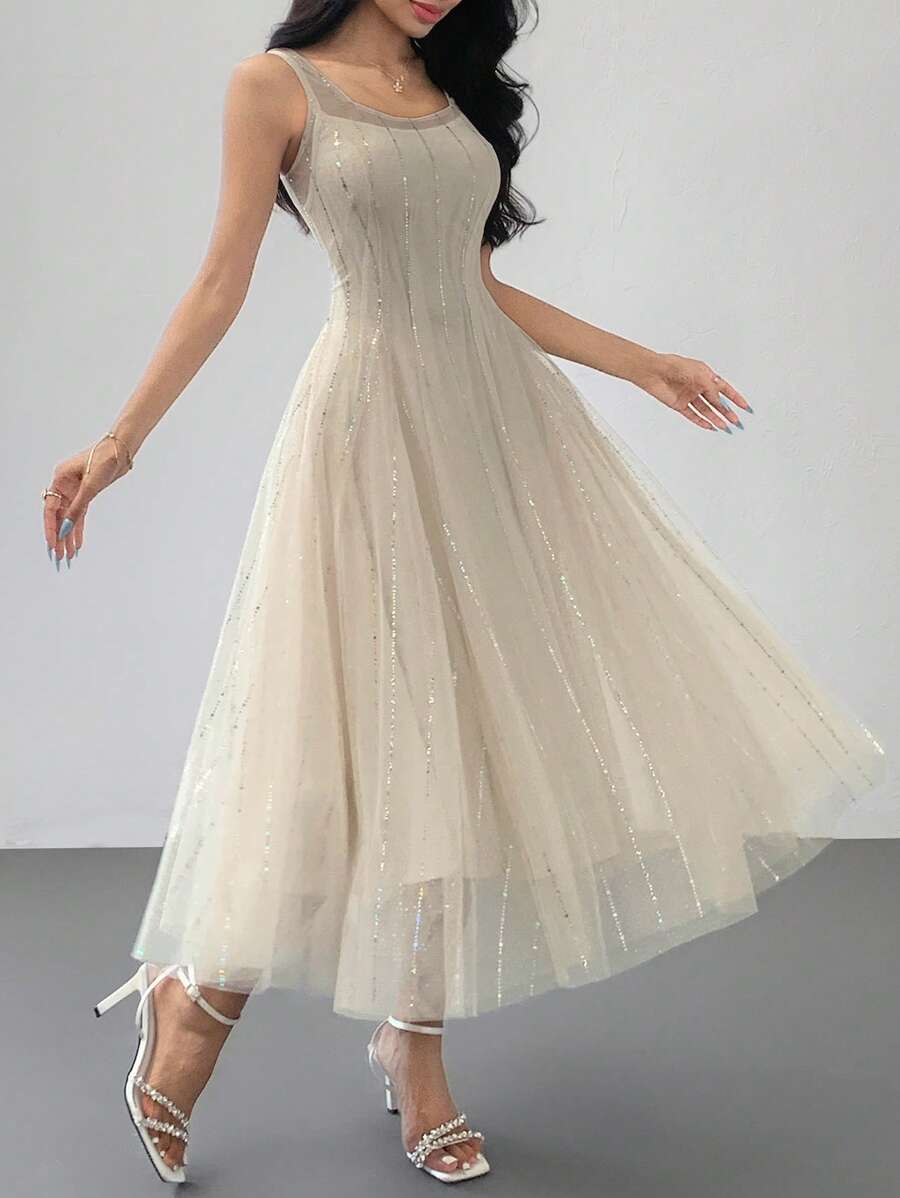 Elegantes Sommerkleid für Frauen mit rundem Ausschnitt, ärmelos, Midi-Länge, mit Pailletten-Dekor, Kleidung für den Schulanfang