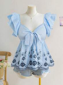 Sweetra قميص ملون بطبعة الجينجهام مطرز باكمام منفوخة قصة A - متعدد الألوان - مشاهدة 6