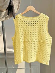 Comfortcana Áo len dệt kim cổ tròn rỗng màu trơn cỡ lớn cho nữ - Màu vàng - Xem 3