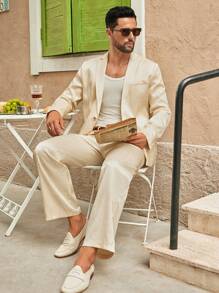 Manfinity NXTstreet 2件套男士休闲宽松菱形图案梭织西装外套 - 卡其色 - 查看 7