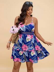 Travachic 大码热带印花无袖休闲连衣裙 - 寶藍色 - 查看 6