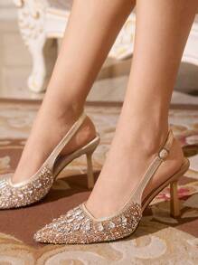 CUCCOO TILAWA Pointed Toe Stiletto High Heel Rhinestone Decor Backless Wedding Party Champagne Pumps - Champagne - View 5