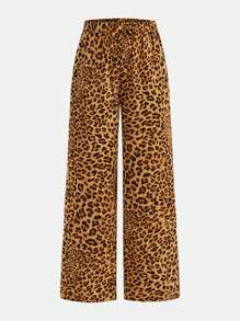 SHEIN Conjunto informal de niña preadolescente con camiseta de cuello redondo de manga corta en unicolor y pantalones anchos con estampado de leopardo