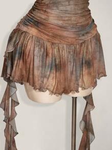 SHEIN ICON 加大码方领露背腰褶饰荷叶边下摆扎染连衣裙，夏季度假，波西米亚风，女士夏装