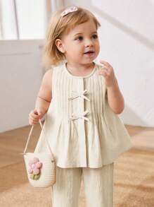 Cozy Pixies 2 pièces/Set Top sans manches à col ras-du-cou avec décoration nœud et pantalon à taille élastique pour bébé fille